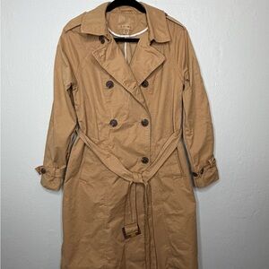 Amisu Camel Tan Double-Breasted Trench Coat with Self-Tie Belt